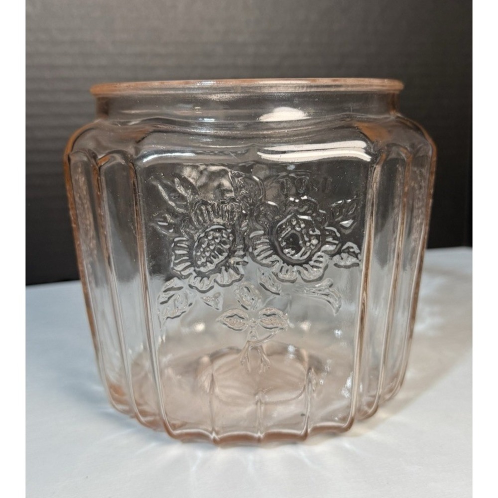Anchor MAYFAIR OPEN ROSE Clear Pink Depression Glass Cookie Jar 1931-37 No Lid
